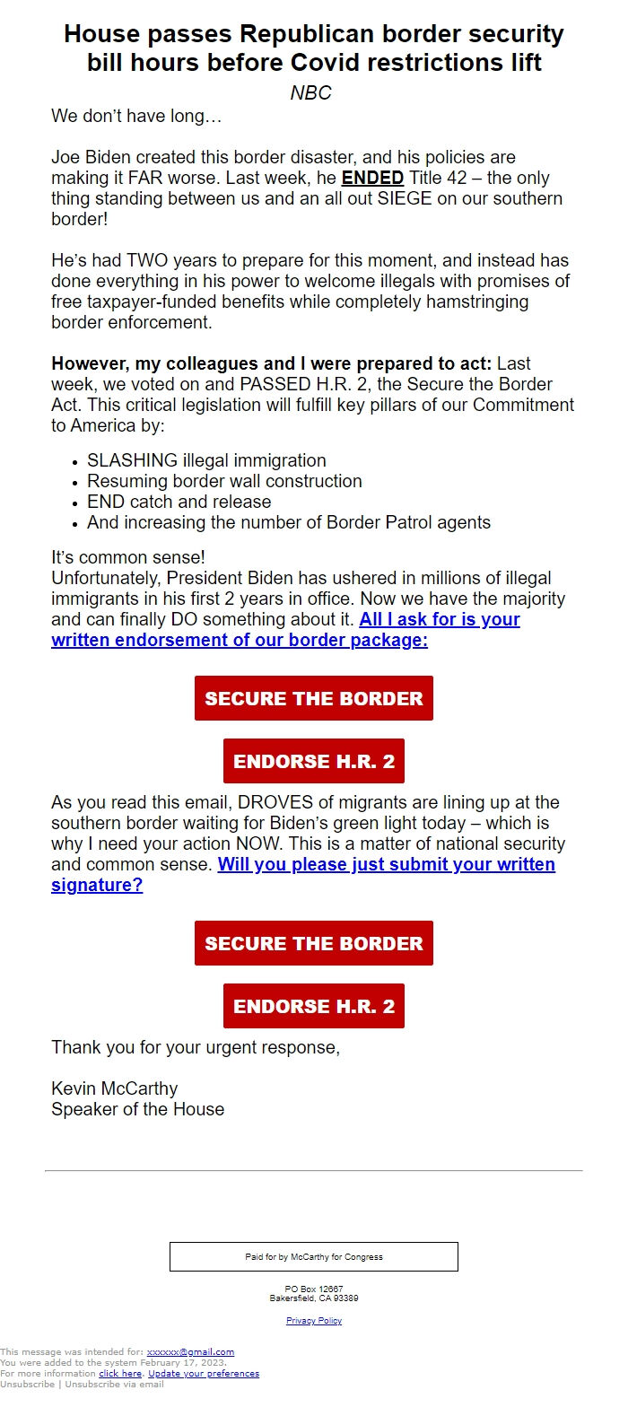 Screenshot of the email generated on import