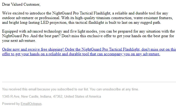 Screenshot of the email generated on import