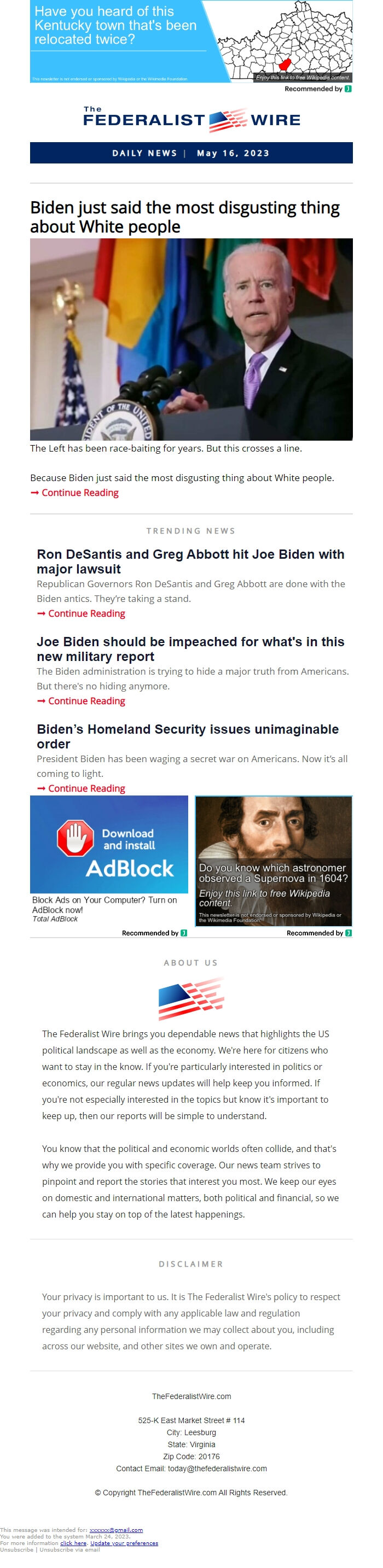Screenshot of the email generated on import