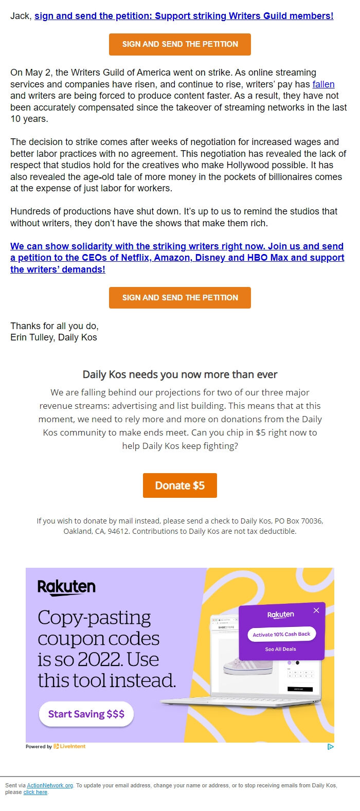 Screenshot of the email generated on import