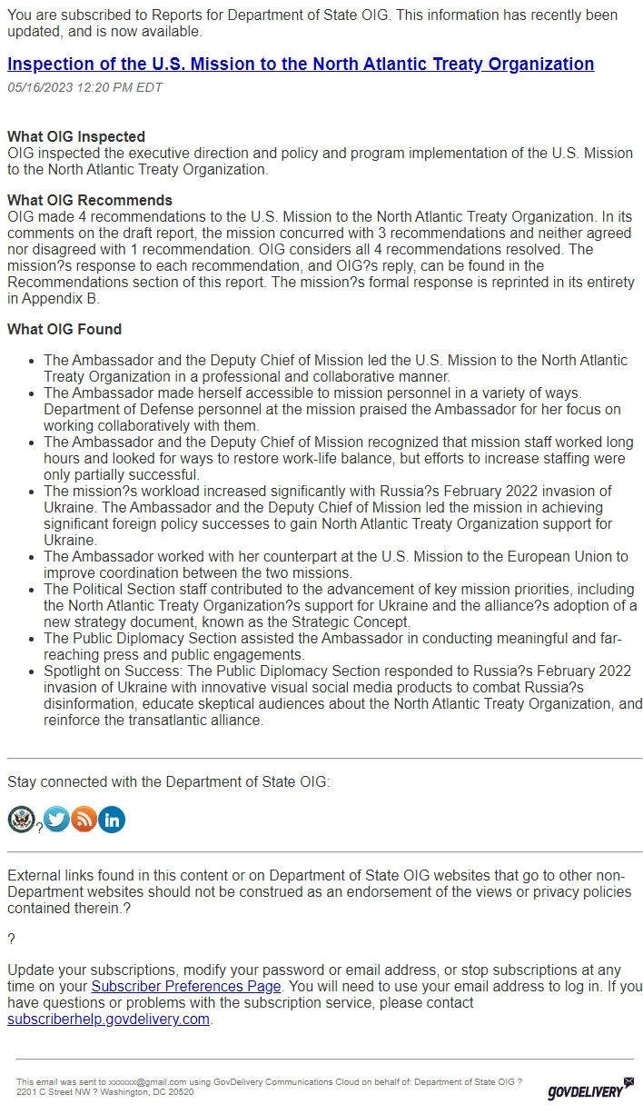 Screenshot of the email generated on import