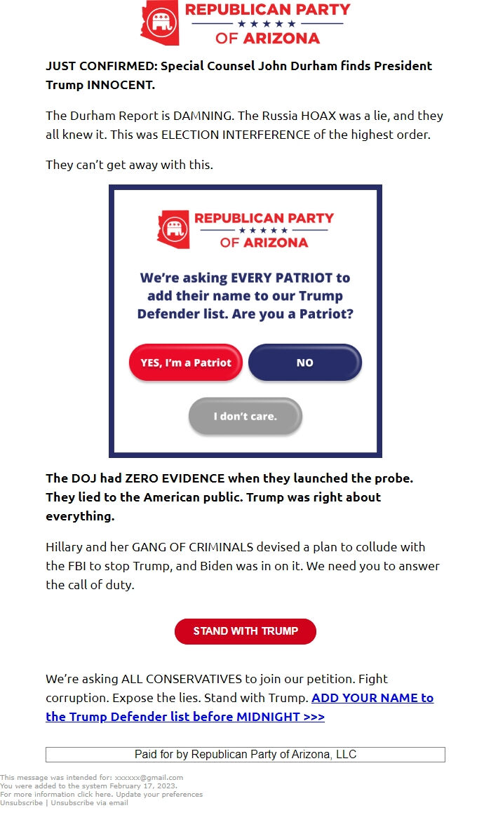 Screenshot of the email generated on import