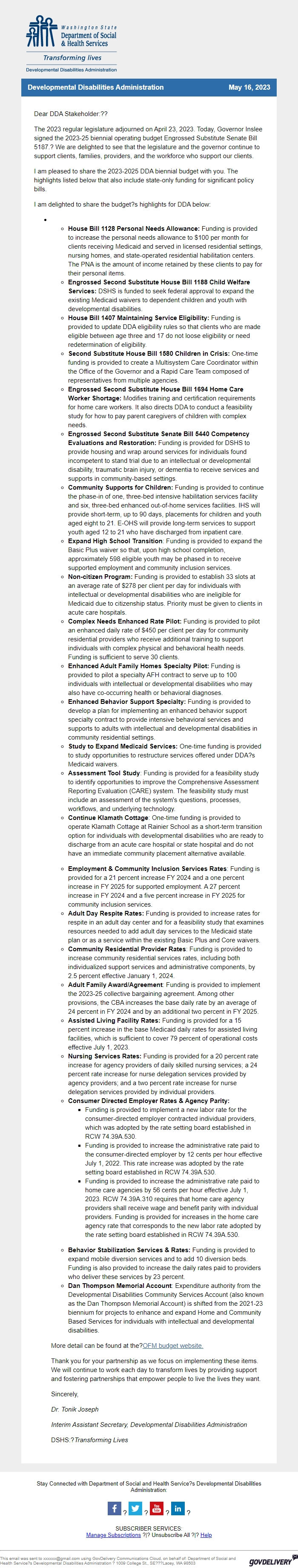 Screenshot of the email generated on import