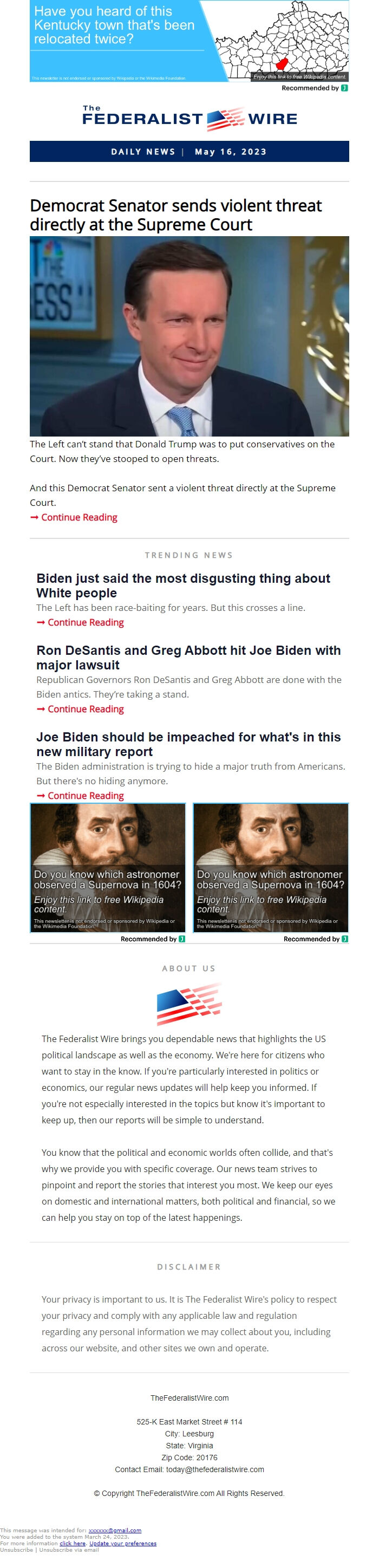 Screenshot of the email generated on import