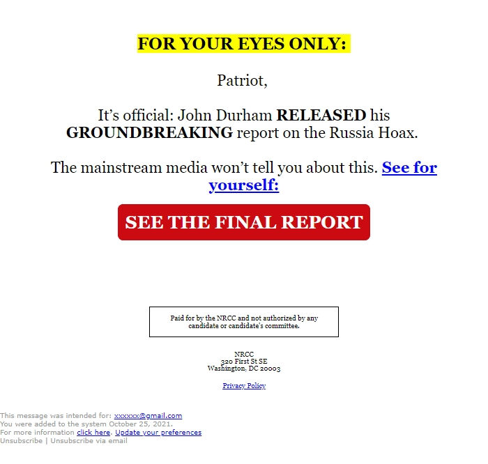 Screenshot of the email generated on import