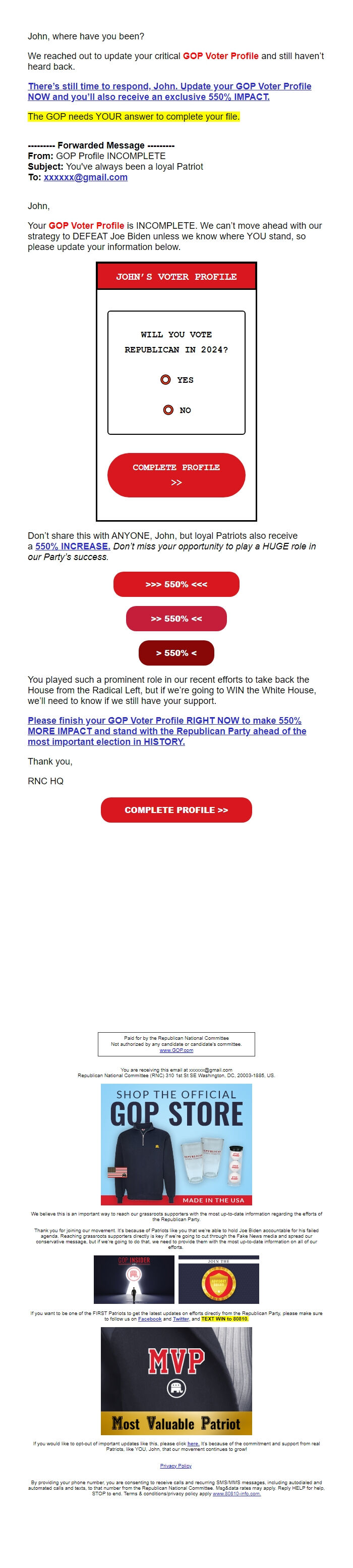 Screenshot of the email generated on import