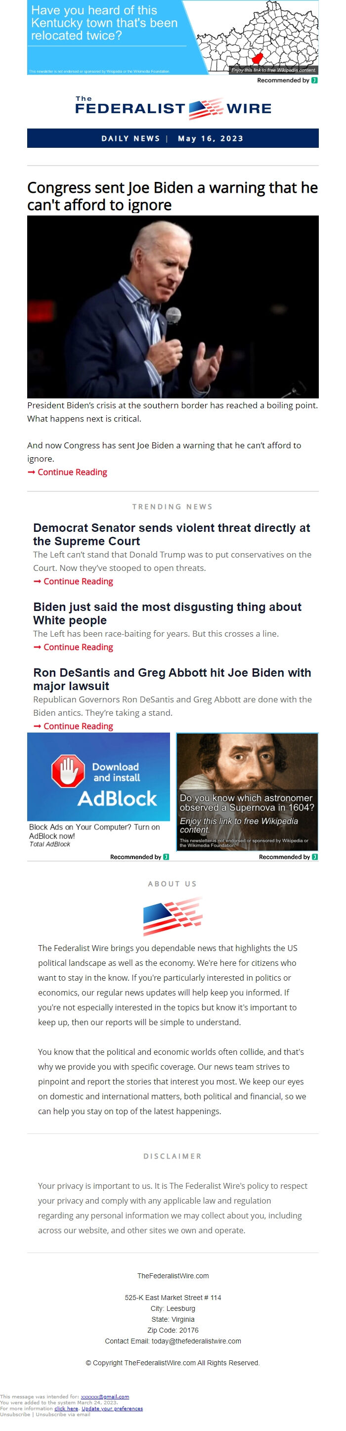 Screenshot of the email generated on import