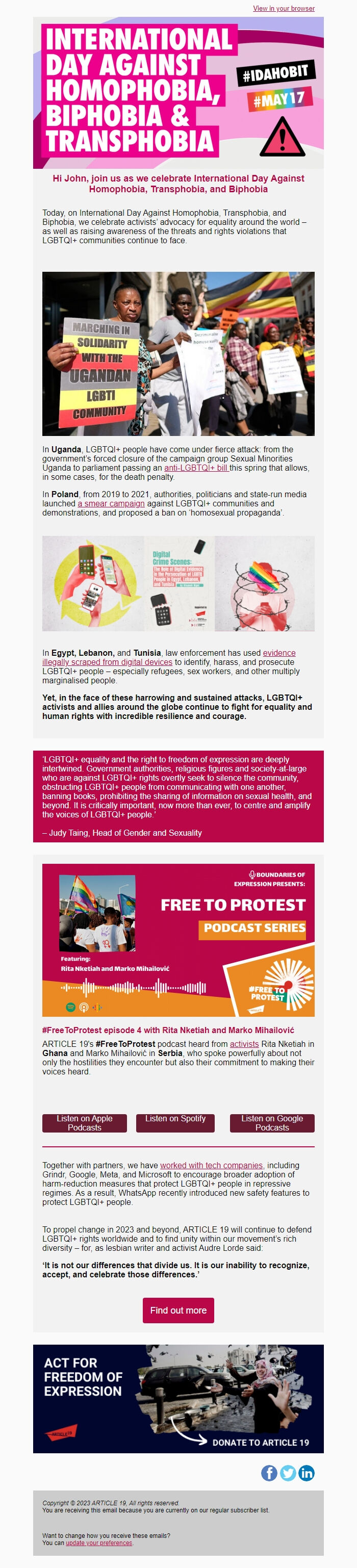 Screenshot of the email generated on import
