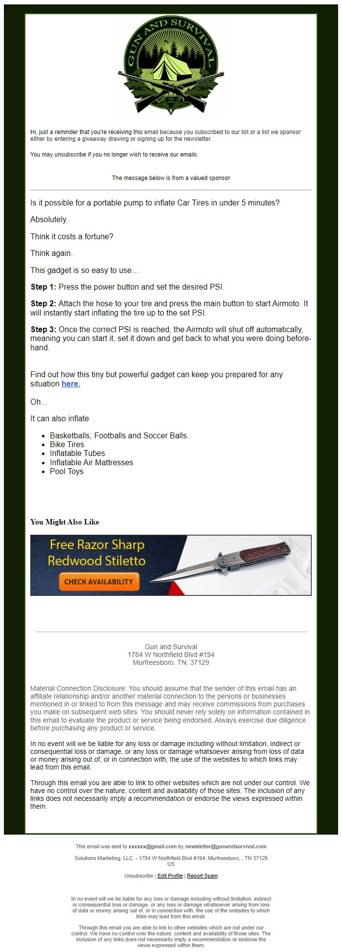 Screenshot of the email generated on import