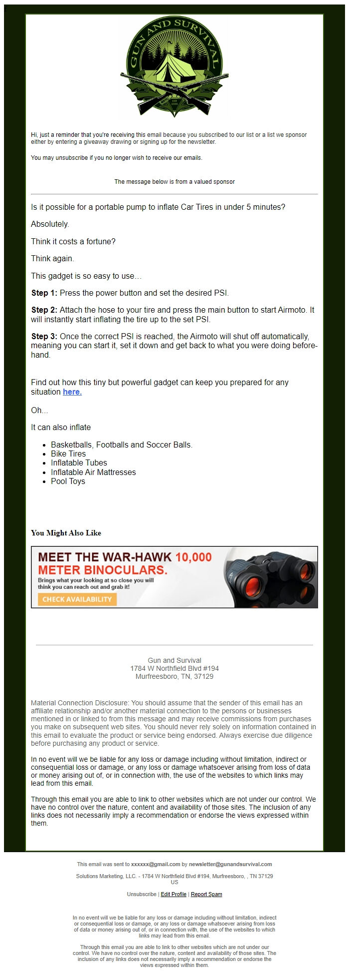 Screenshot of the email generated on import