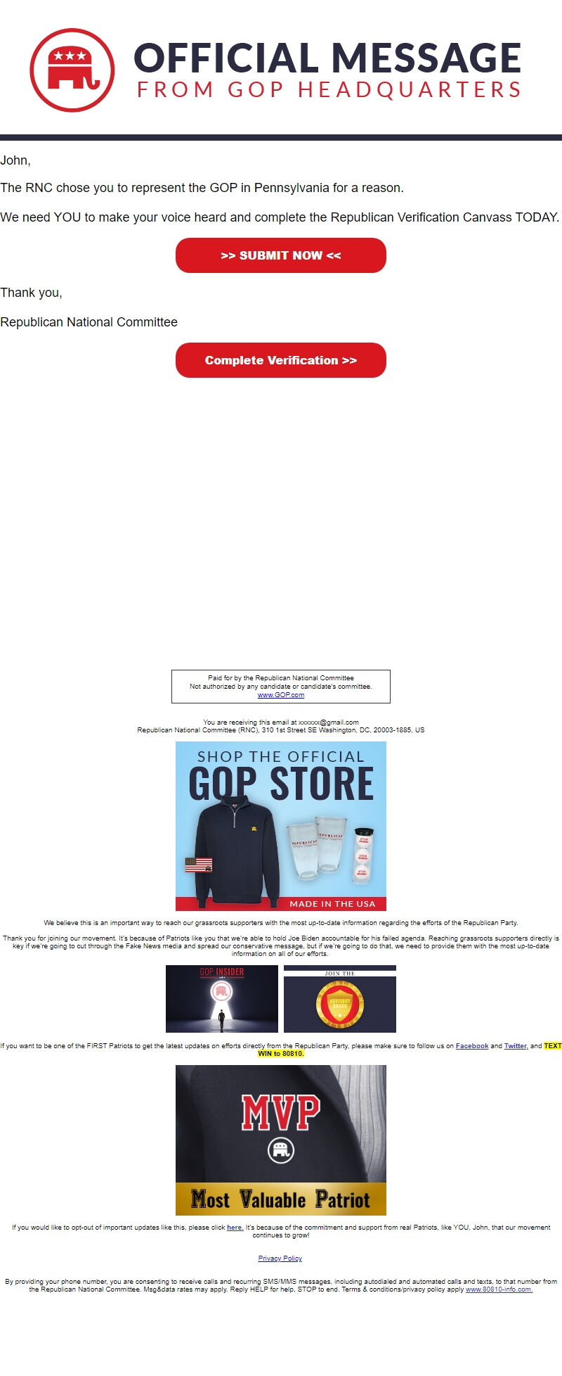 Screenshot of the email generated on import