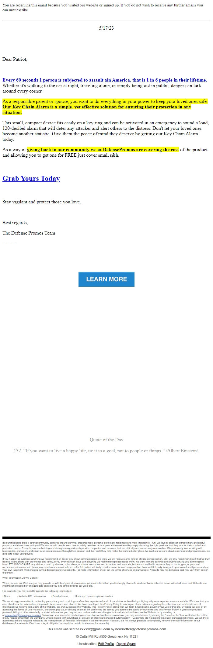 Screenshot of the email generated on import