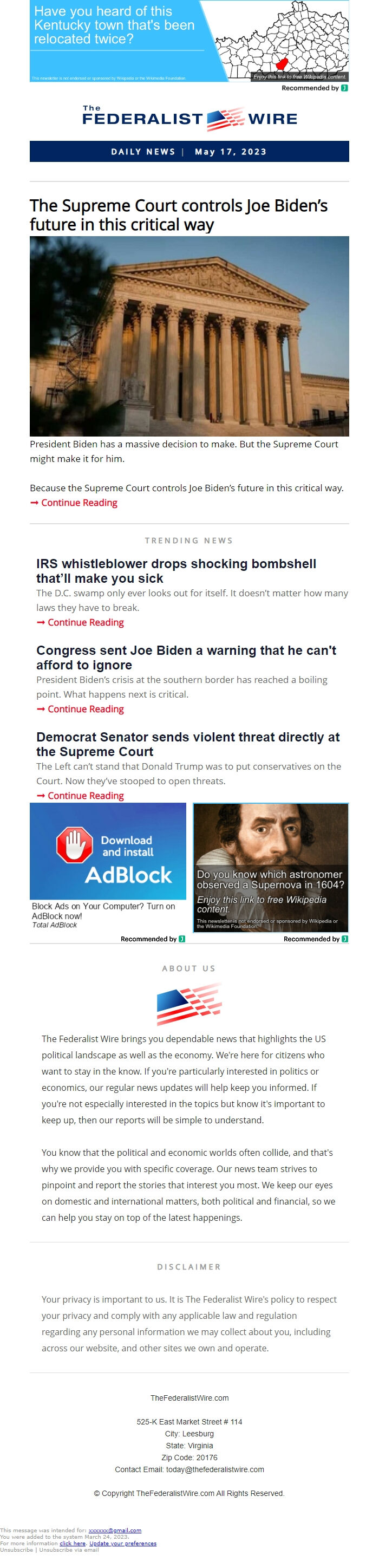 Screenshot of the email generated on import