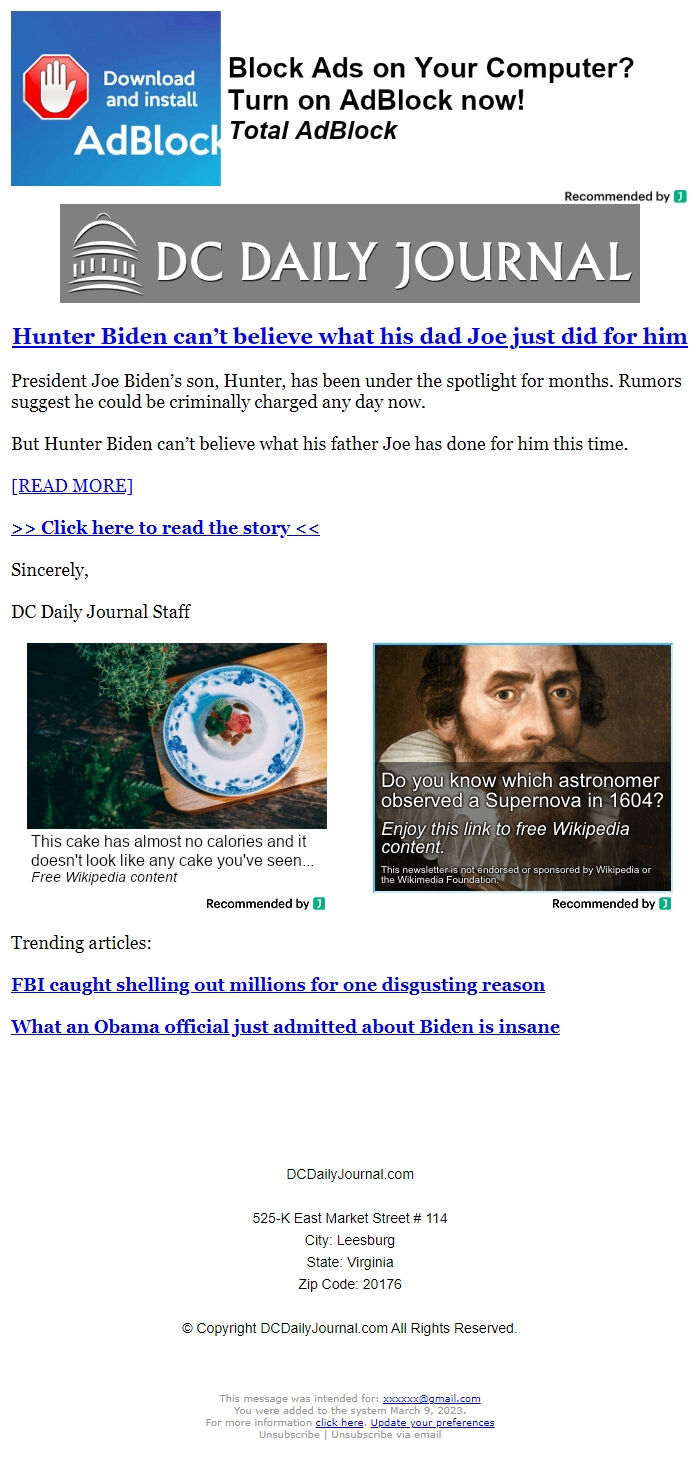 Screenshot of the email generated on import