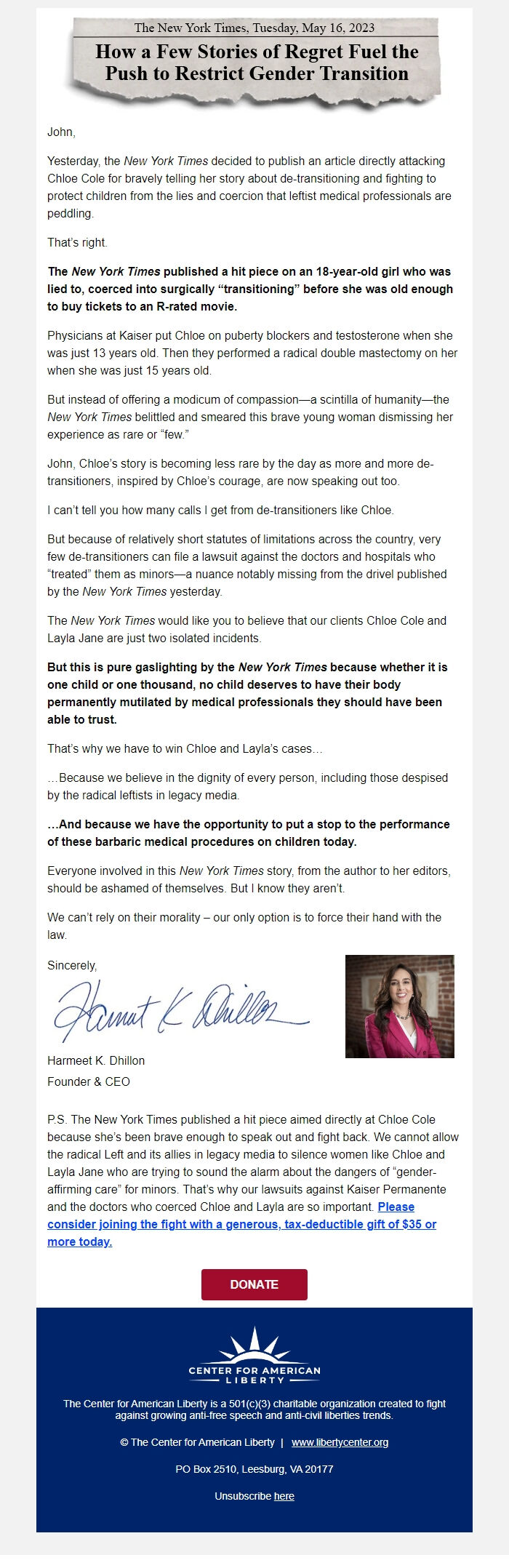 Screenshot of the email generated on import