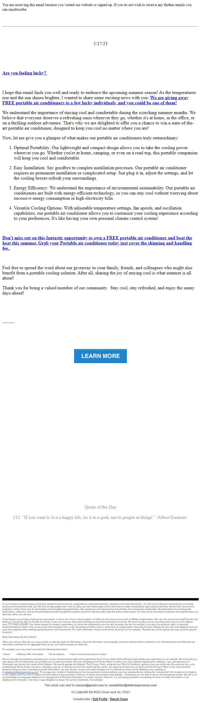Screenshot of the email generated on import