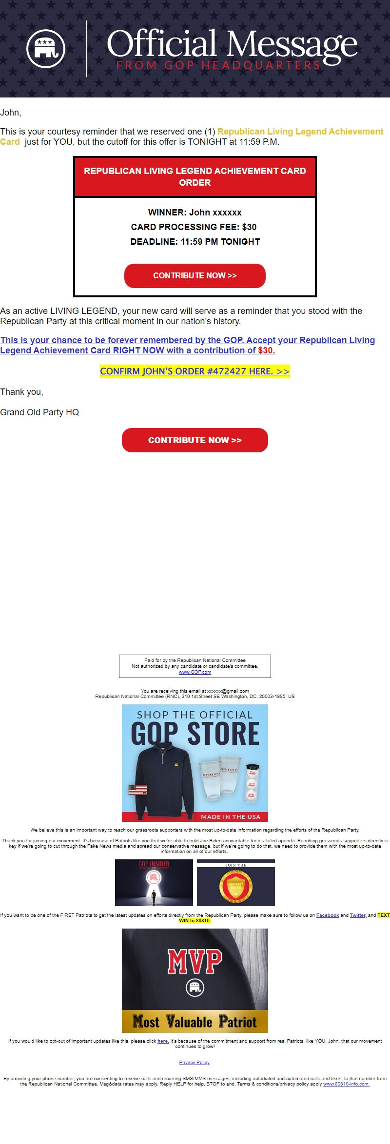 Screenshot of the email generated on import
