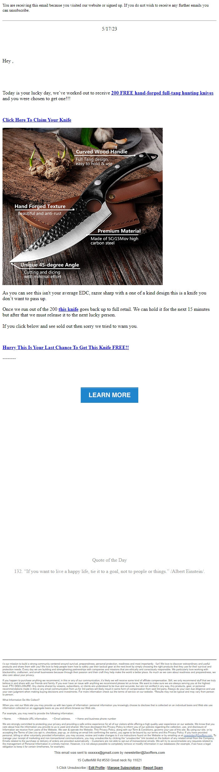 Screenshot of the email generated on import