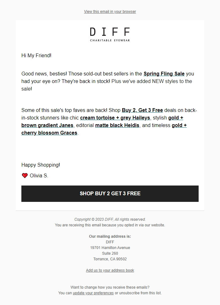 Screenshot of the email generated on import