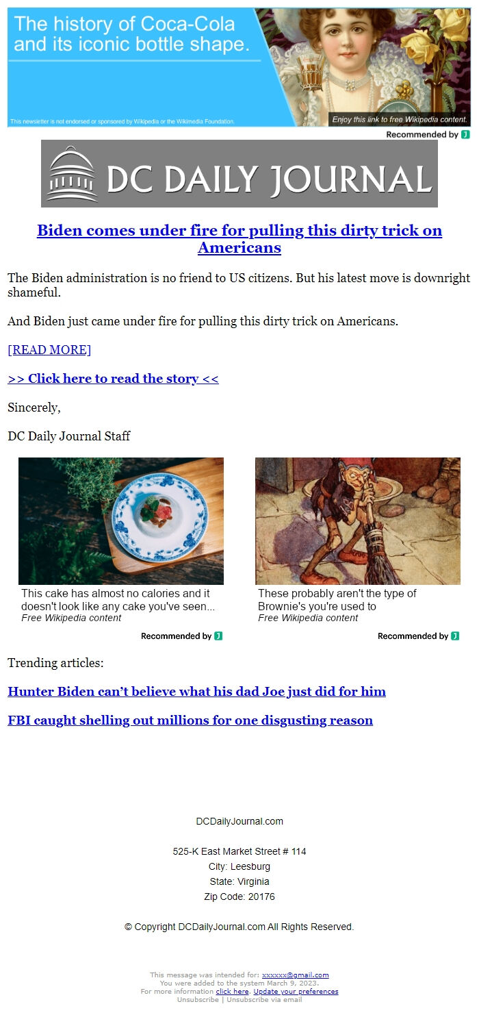Screenshot of the email generated on import