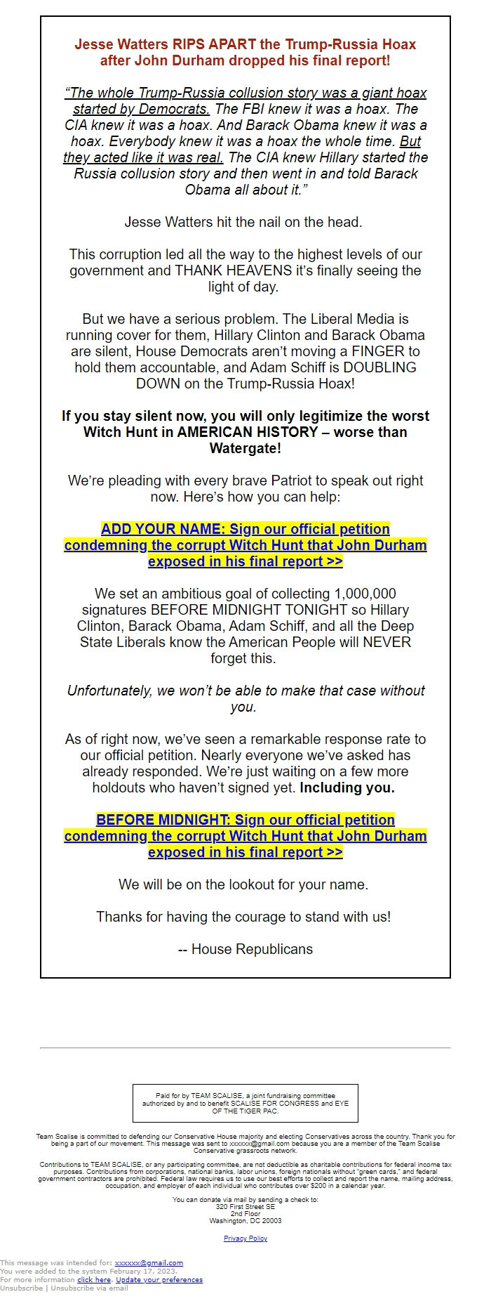 Screenshot of the email generated on import