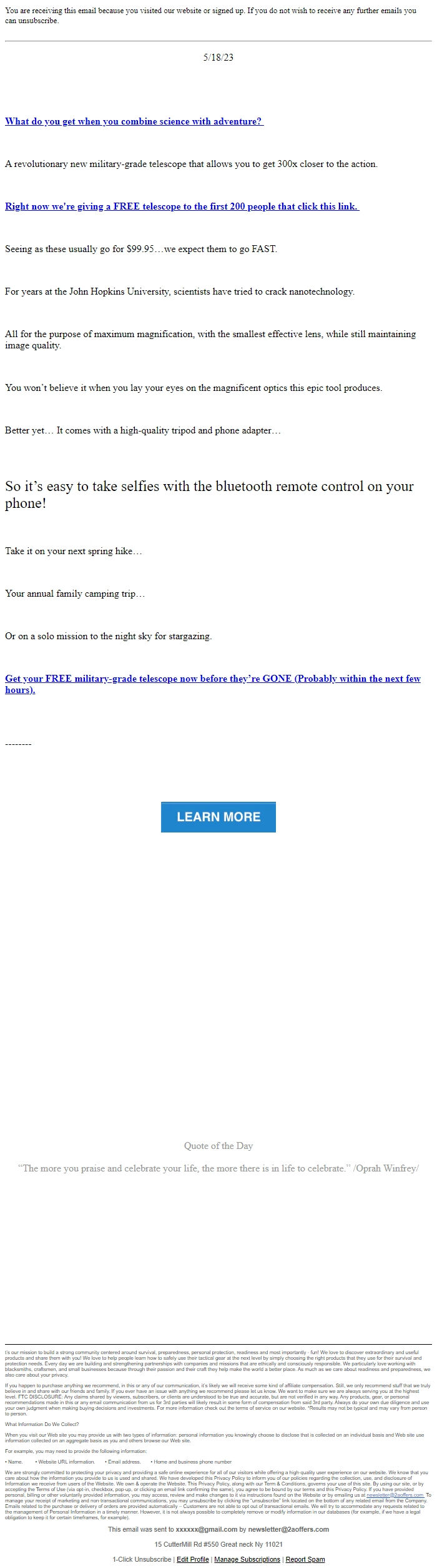 Screenshot of the email generated on import