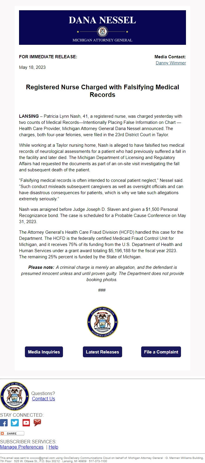 Screenshot of the email generated on import