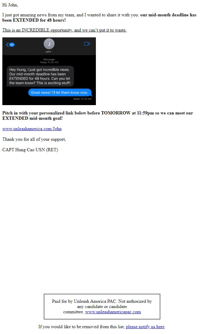 Screenshot of the email generated on import