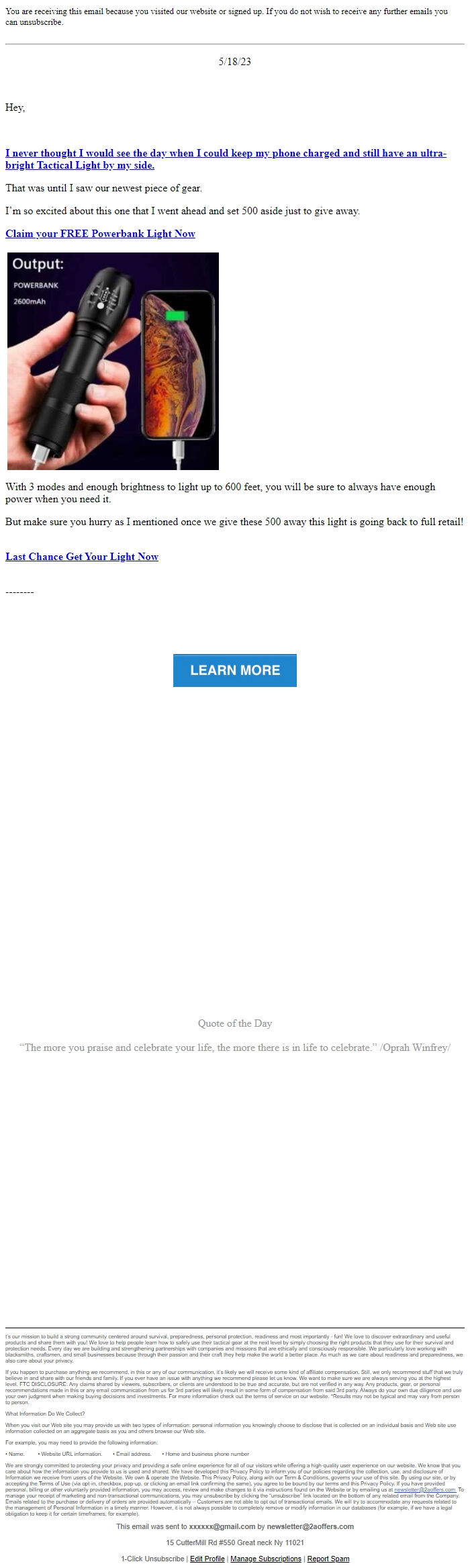 Screenshot of the email generated on import
