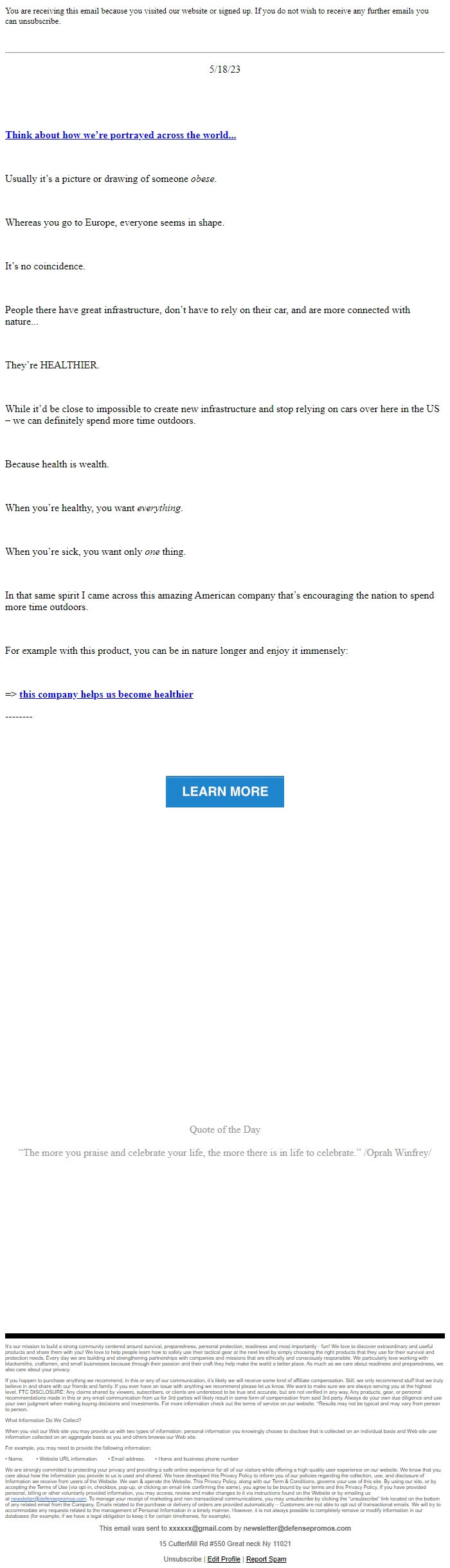 Screenshot of the email generated on import