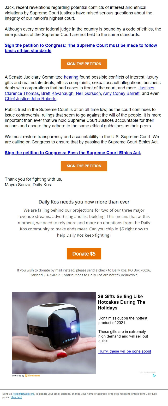 Screenshot of the email generated on import