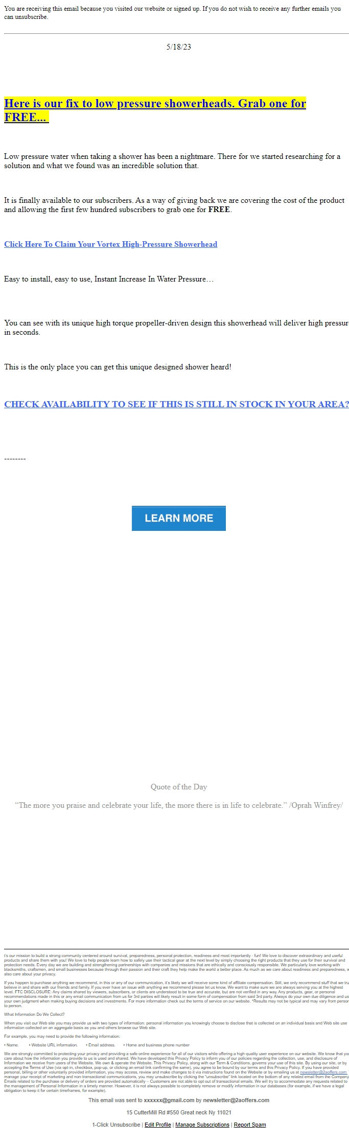 Screenshot of the email generated on import
