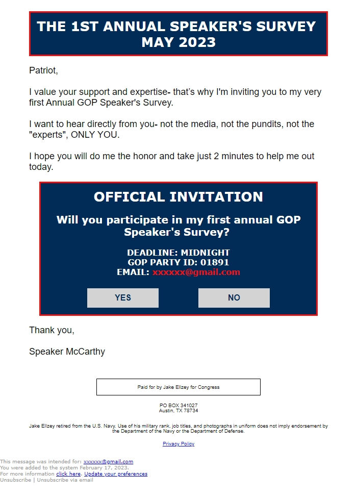 Screenshot of the email generated on import