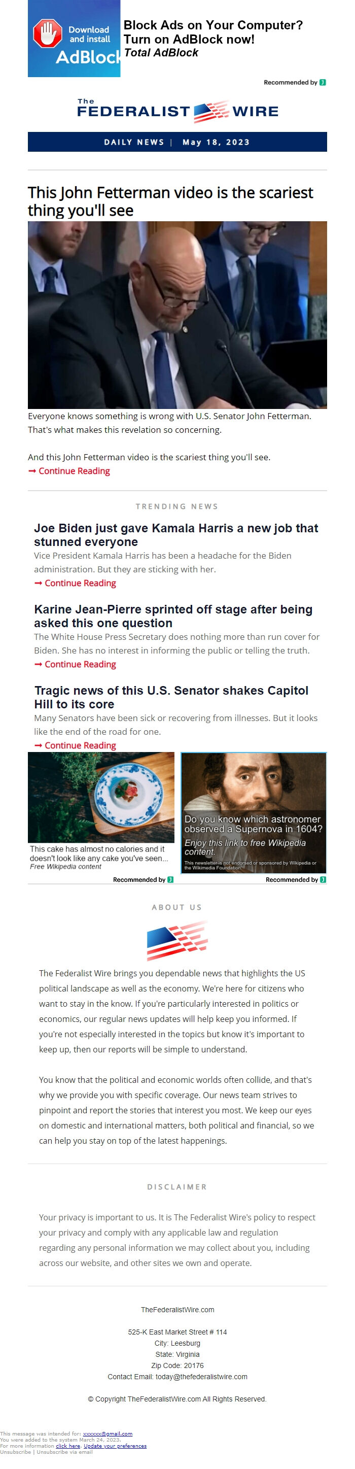 Screenshot of the email generated on import