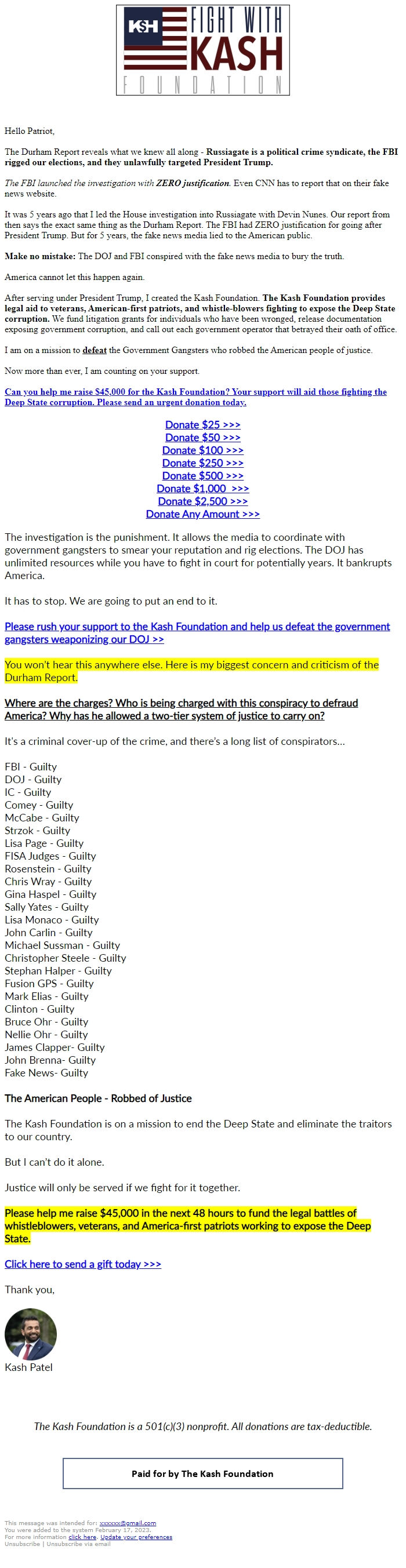 Screenshot of the email generated on import