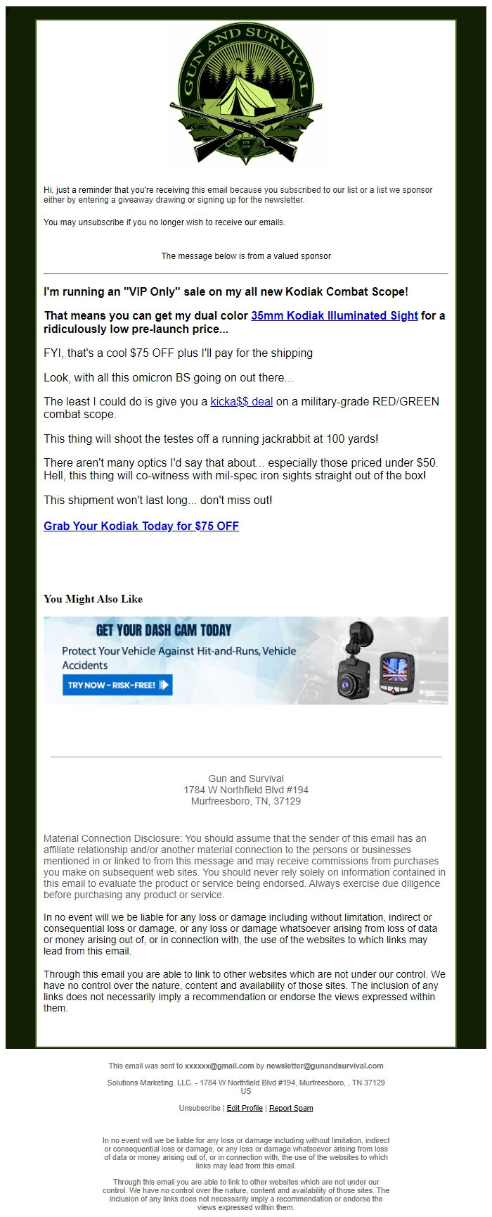 Screenshot of the email generated on import