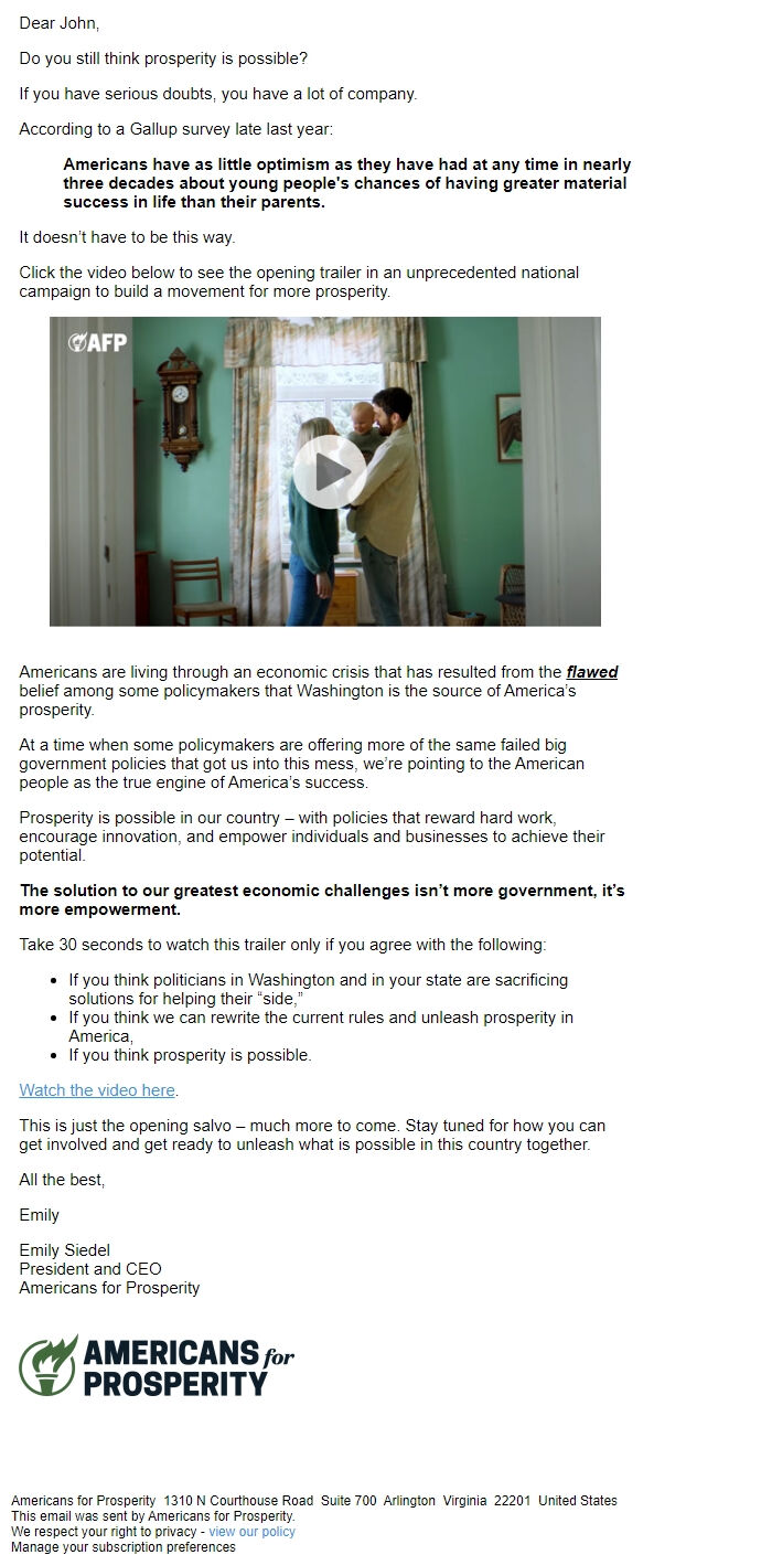 Screenshot of the email generated on import