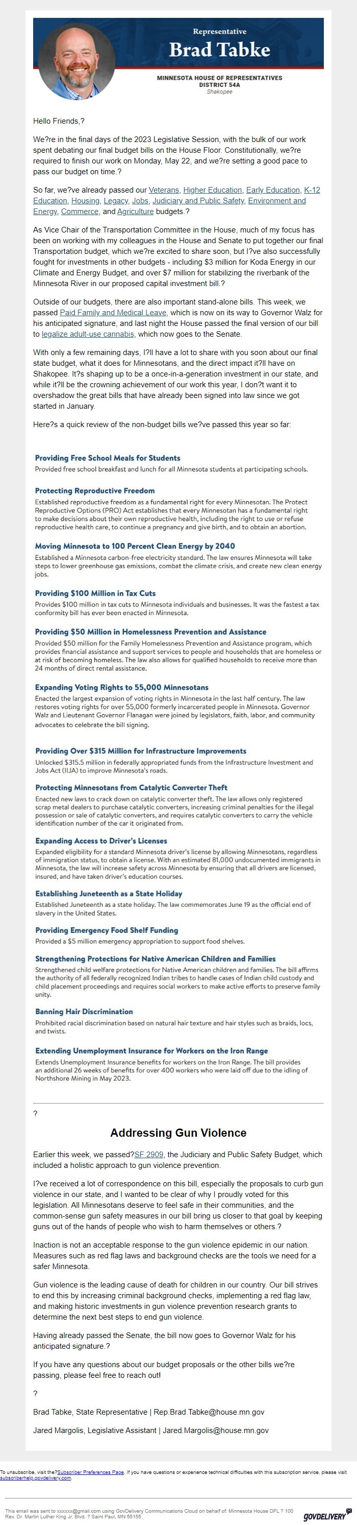 Screenshot of the email generated on import