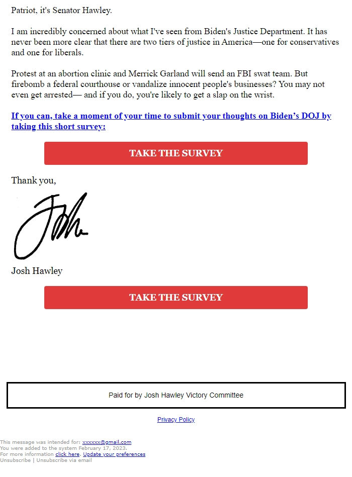 Screenshot of the email generated on import