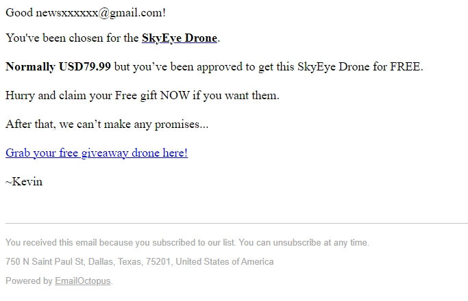 Screenshot of the email generated on import