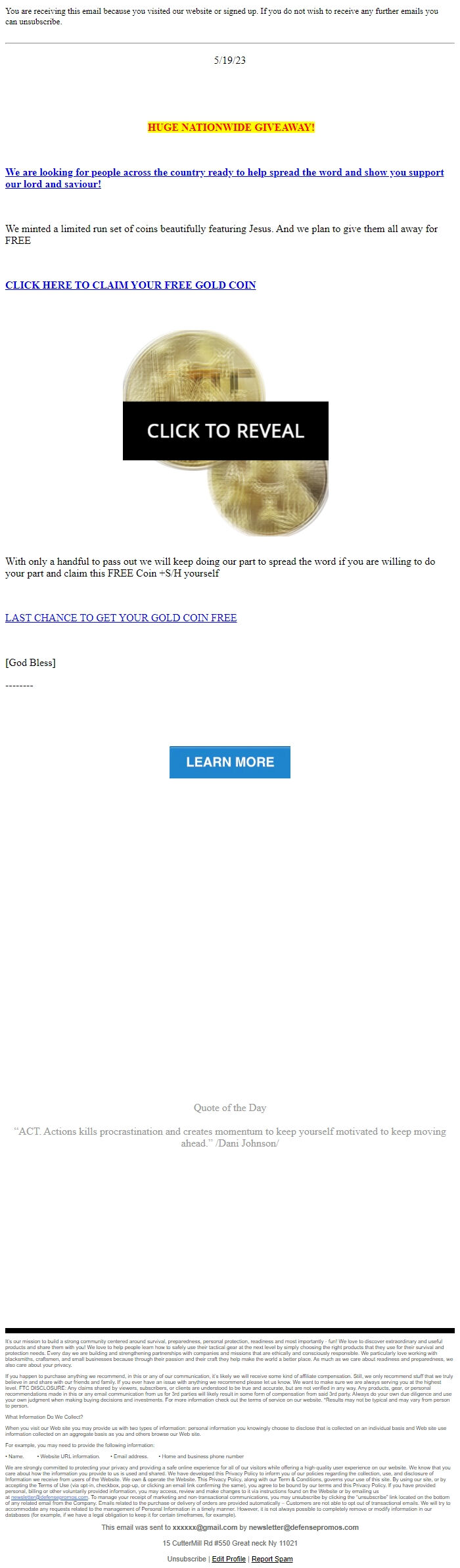 Screenshot of the email generated on import