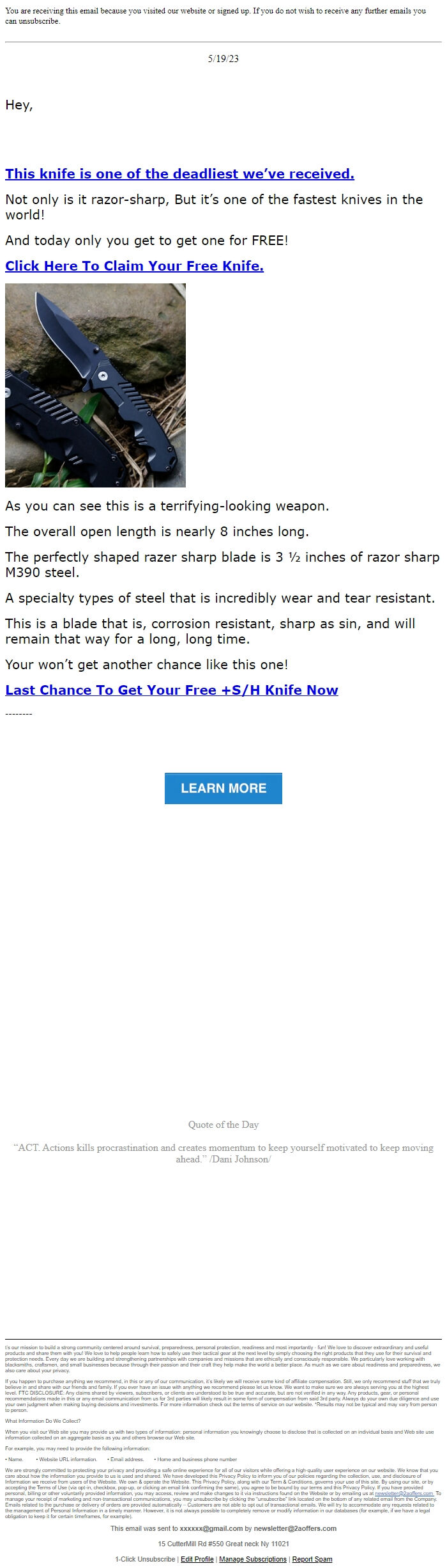 Screenshot of the email generated on import