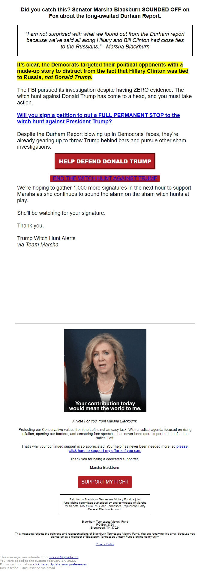 Screenshot of the email generated on import