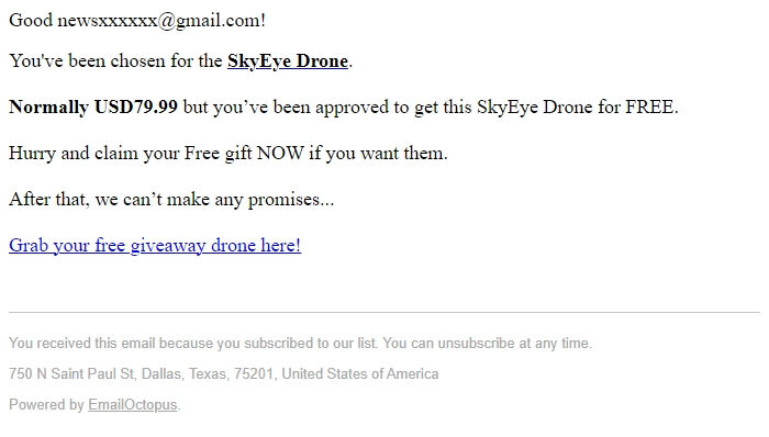 Screenshot of the email generated on import