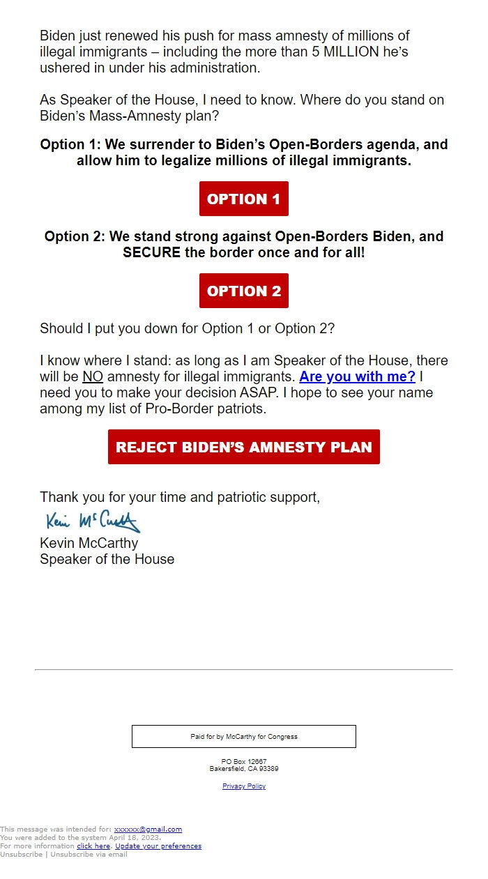 Screenshot of the email generated on import