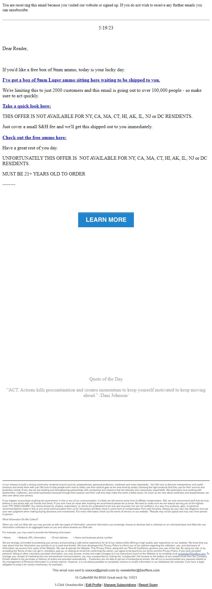 Screenshot of the email generated on import