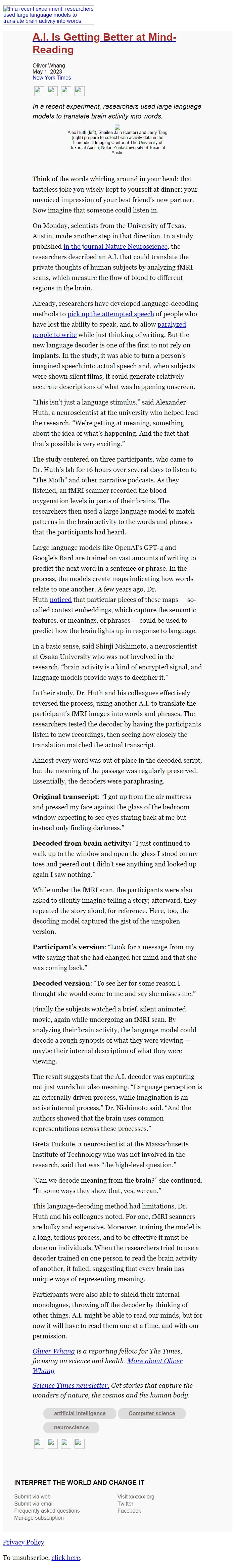 Screenshot of the email generated on import