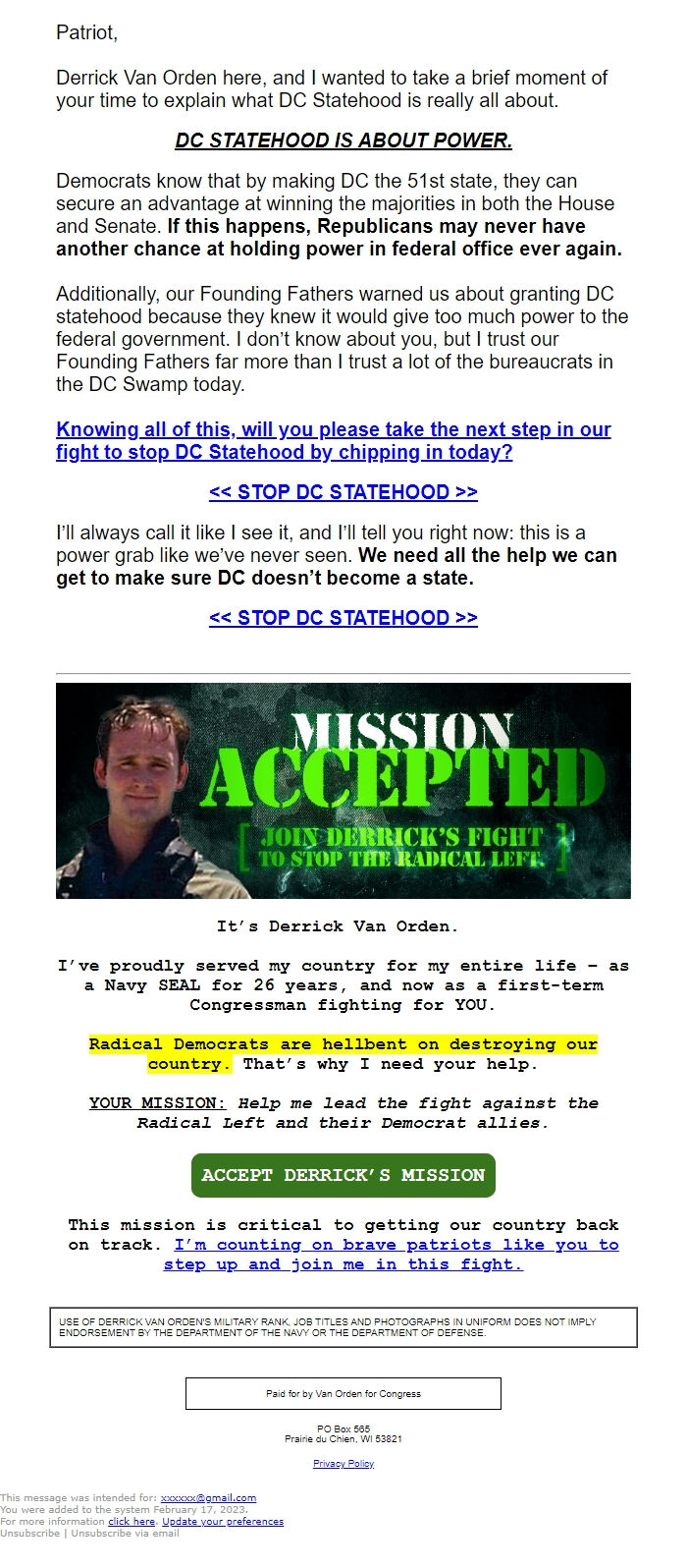 Screenshot of the email generated on import