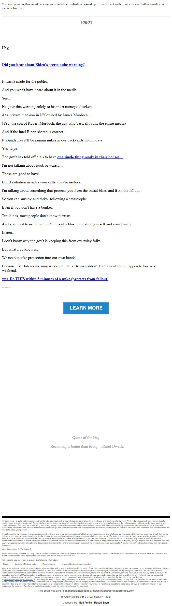 Screenshot of the email generated on import