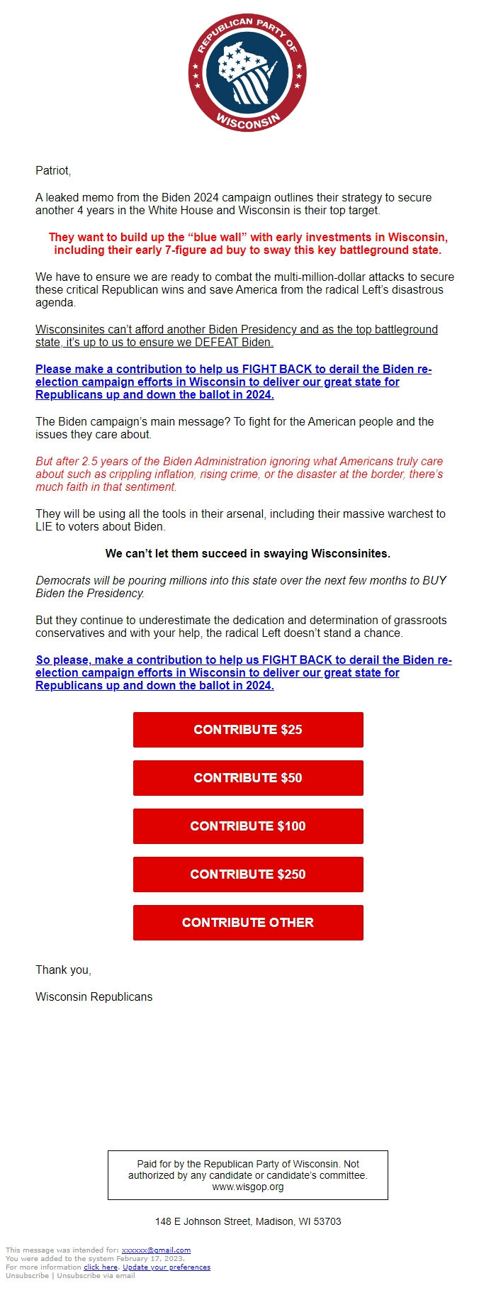 Screenshot of the email generated on import